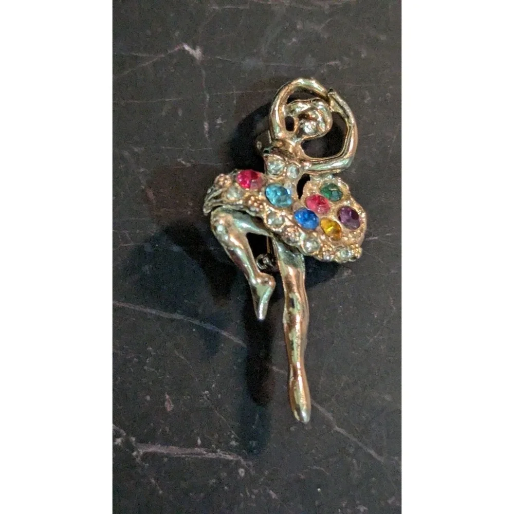 Vintage Gold Tone Ballerina Dancer Brooch Multi Color Rhinestone Tutu‎ Pin 2